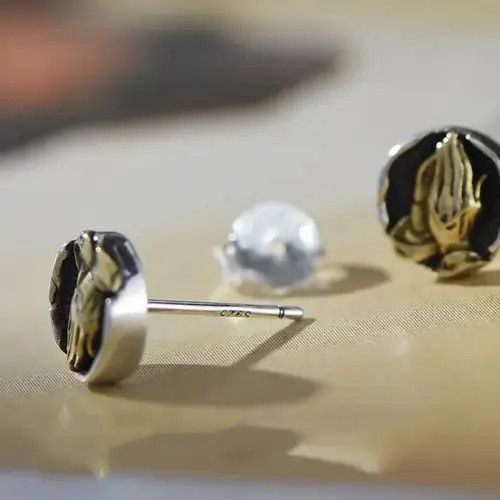 Other 925 Silver Plated Praying Hands Stud Earrings for Men Women Size ONE SIZE - 3 Thumbnail