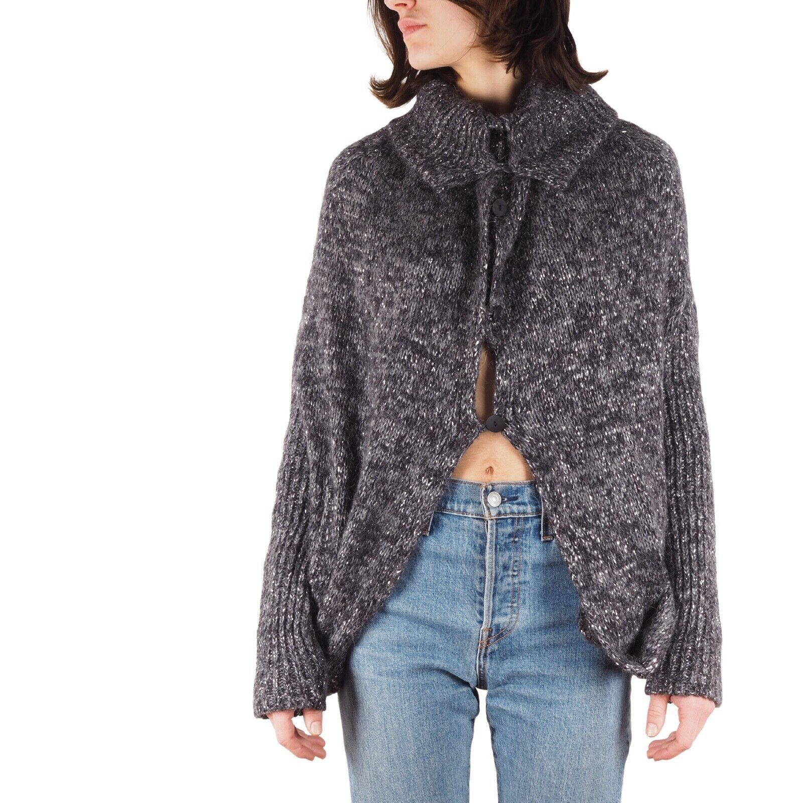 Sarah Pacini Sarah Pacini Gray Silver Alpaca Cardigan Sweater Cape Size ONE SIZE - 1 Thumbnail
