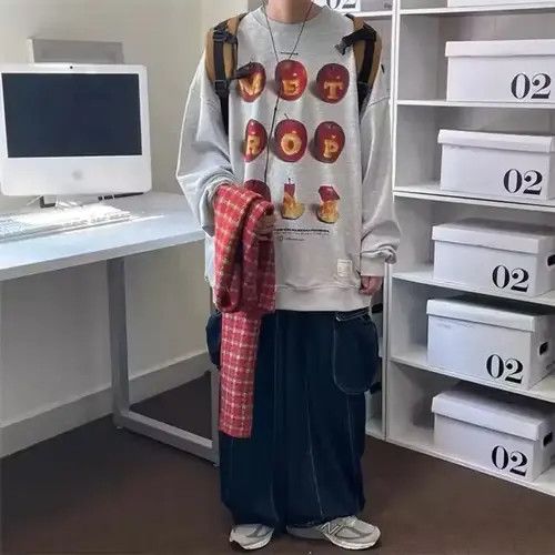 image of Vintage Harajuku Style Hoodies in Grey, Men's (Size Large)