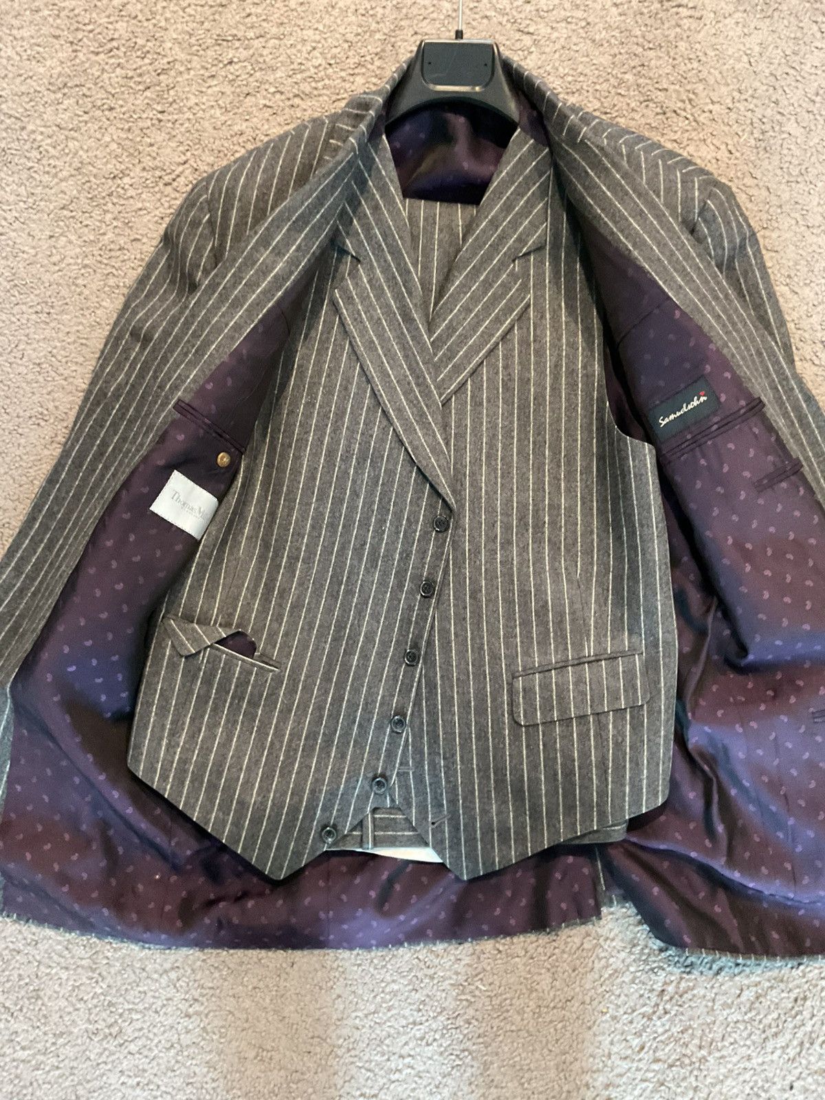Samuelsohn SAMUELSOHN Super 100’s Gable Wool 3 Pc Gray Pinstripe Suit Size 46L - 5 Thumbnail