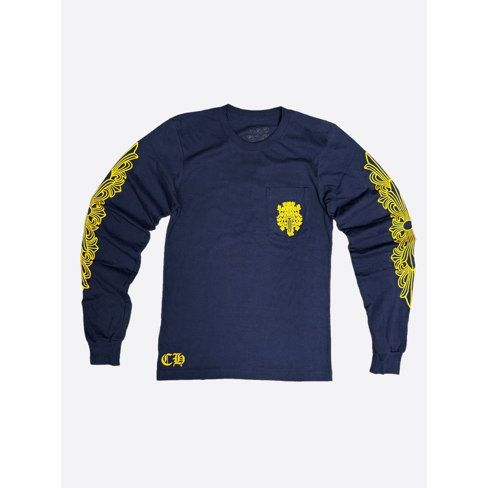 Tシャツ・カットソー Chrome Hearts V89 Dagger L/S T-shirt Navy/Yellow Chrome Hearts CHROME HEARTS YELLOW DAGGER FLORAL NAVY LONG