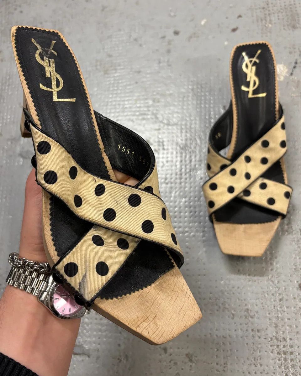 Saint Laurent Paris 2000s Yves Saint Laurent Dot Cream Sandals Heels Size US 7 / IT 37 - 1 Thumbnail