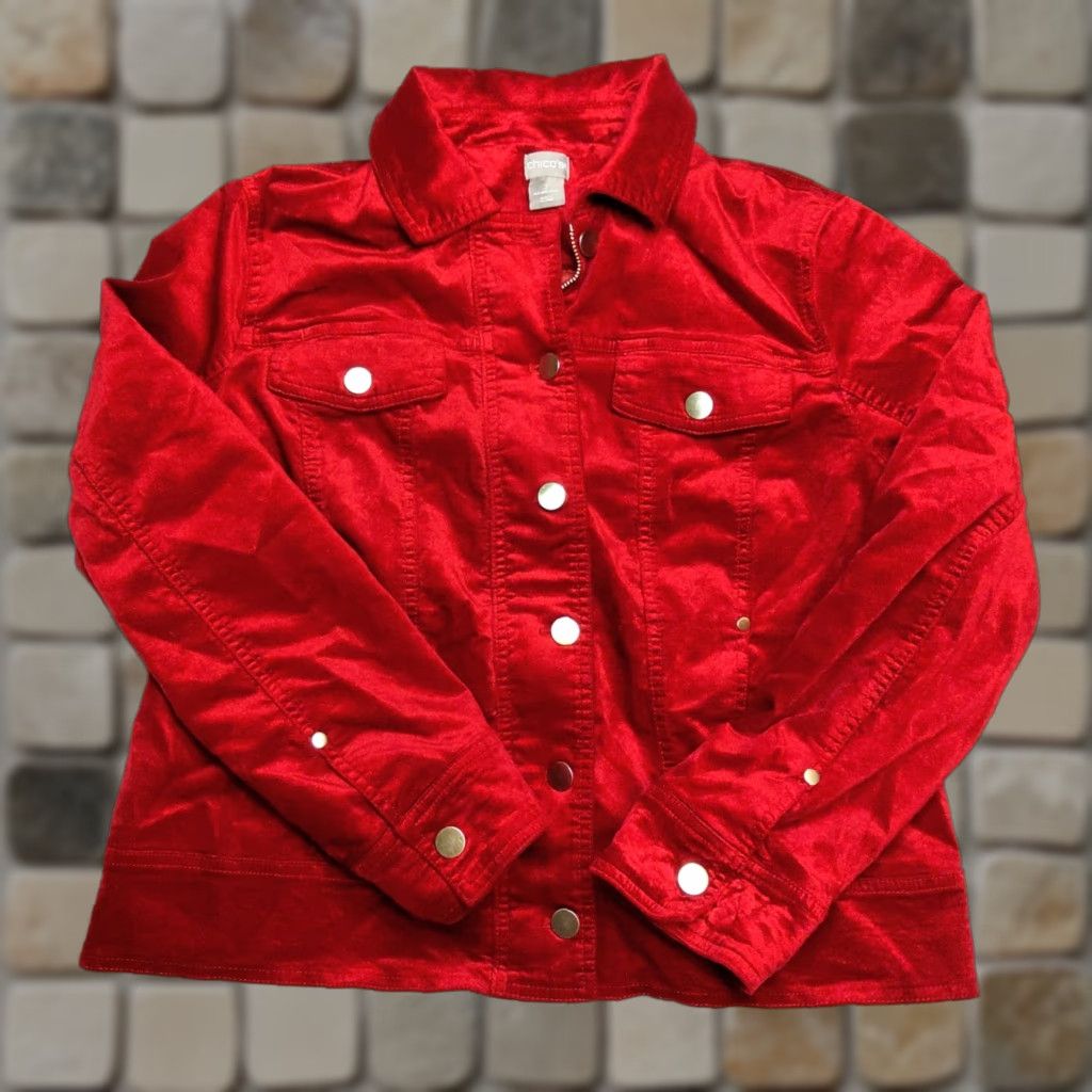 Vintage CHICO'S RED VELVET DENIM JACKET - SHORT - Lined - SZ 12/14 - WOMEN - Velvet Jacket - Casual / Party - 2010s (if decade) Size XL / US 12-14 / IT 48-50 - 1 Thumbnail