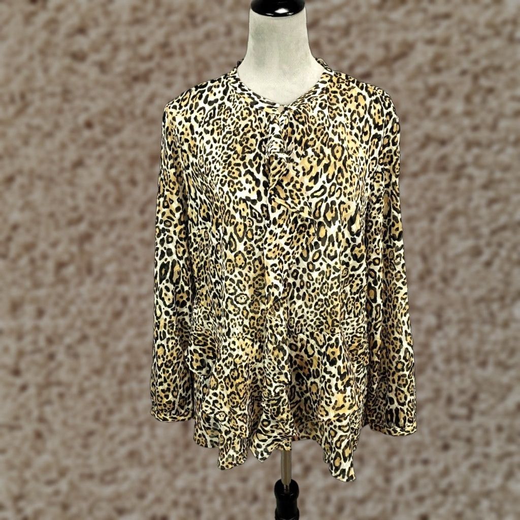 Vintage Chicos Blouse Womens Large Leopard Jaguar Animal Print Ruffled Hidden Button Up Size L / US 10 / IT 46 - 1 Thumbnail