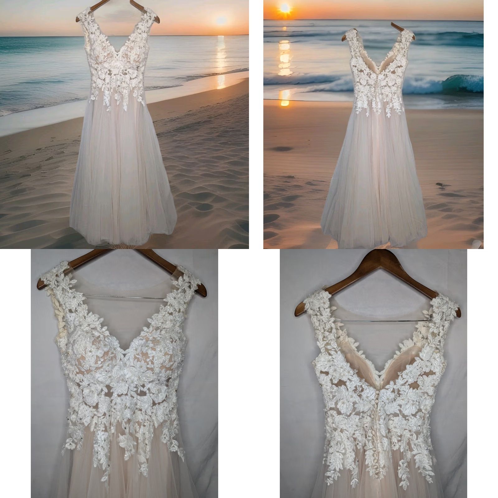 Vintage Eddy K. A-Line Lace Beaded Wedding Dress Gown Champagne Small 2 Size ONE SIZE - 8 Thumbnail