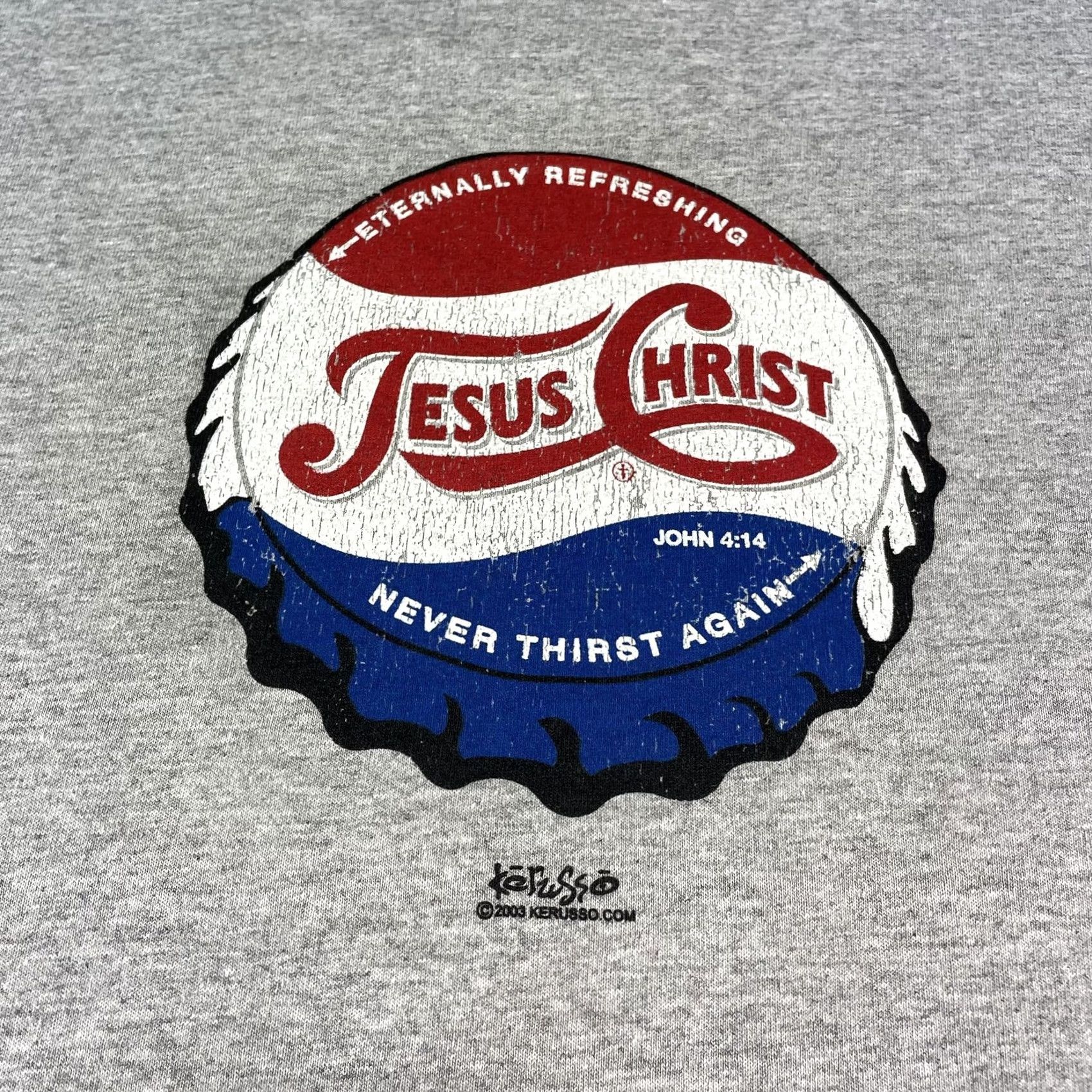 Vintage VINTAGE Jesus Shirt Mens S Gray T-Shirt Short Sleeve Kerusso Bottle Cap Never Thirst Again Christian Mens Small Gray Shirt Size US S / EU 44-46 / 1 - 2 Thumbnail