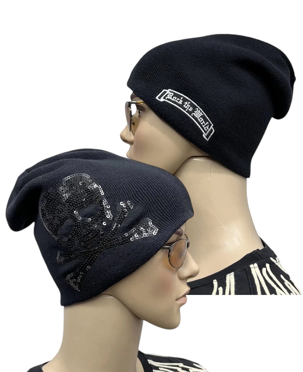 Japanese Brand × Rockstar Games 💀 🎸Vintage ROCK THE WORLD Black Sequins Skull Beanie Size ONE SIZE - 1 Thumbnail