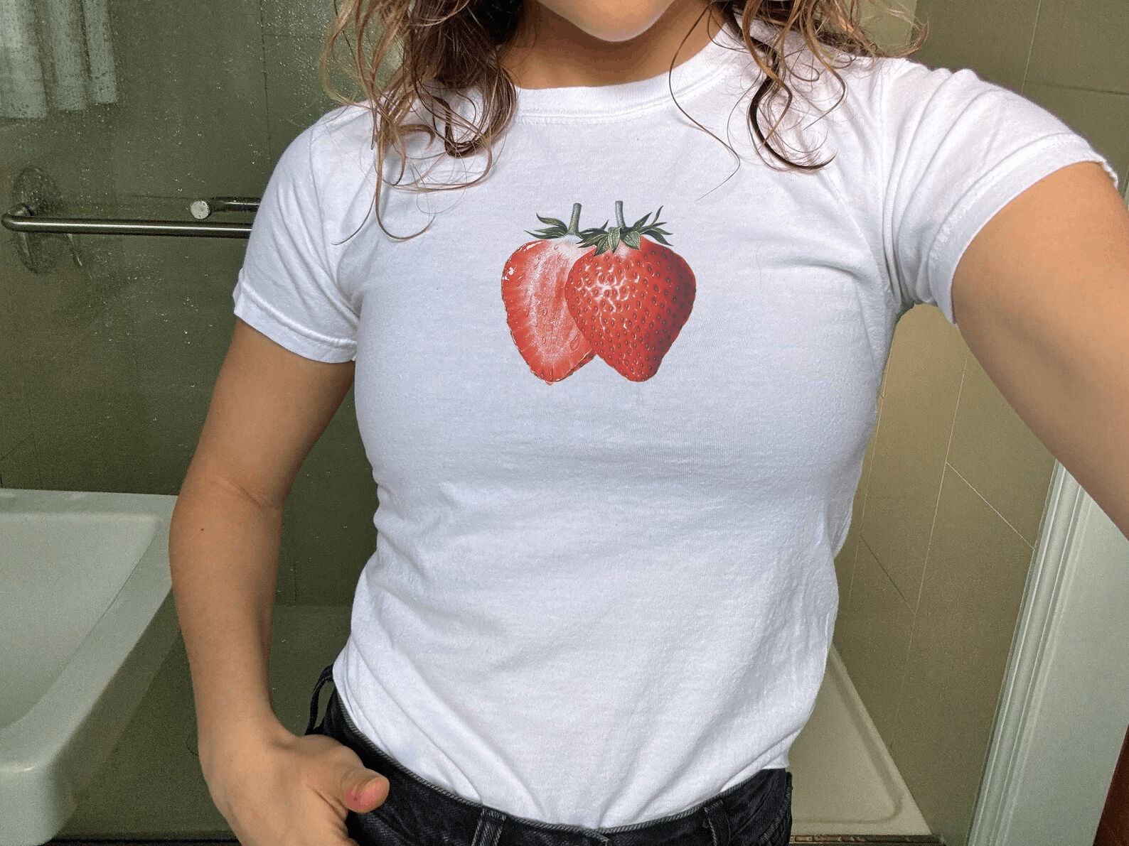 Other Strawberry Graphic Baby Tee – 90s Retro Style Size S / US 4 / IT 40 - 1 Thumbnail