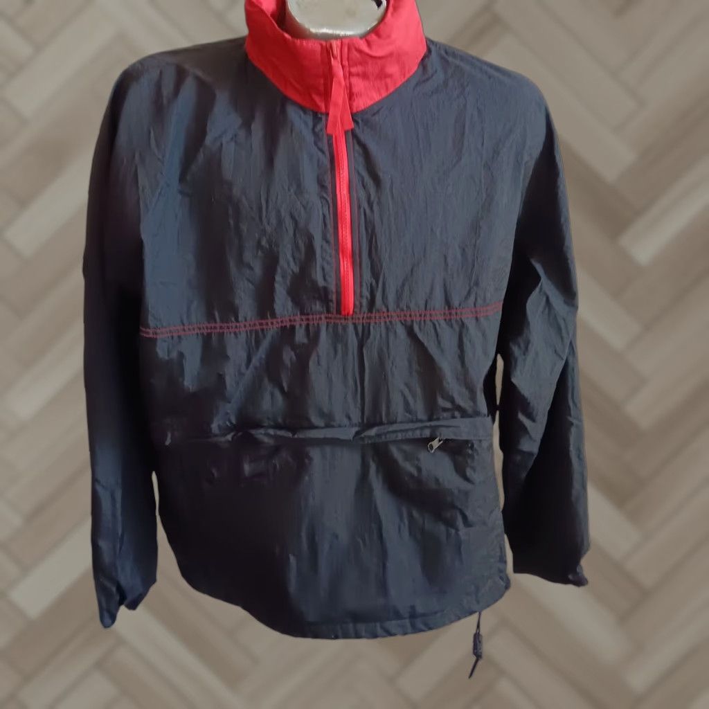 VINTAGE Unbranded Windbreaker Jacket Large Red Black Hooded Mid-Length Nylon Mens