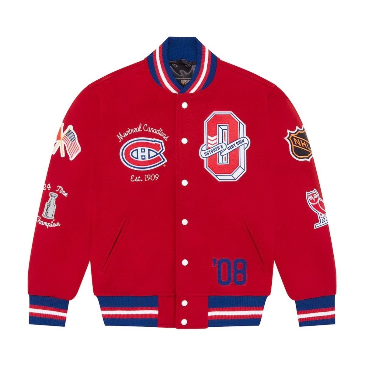 image of Drake x Octobers Very Own Ovo X Nhl - Montreal Canadiens Varsity Jacket in Red, Men's (Size XL)