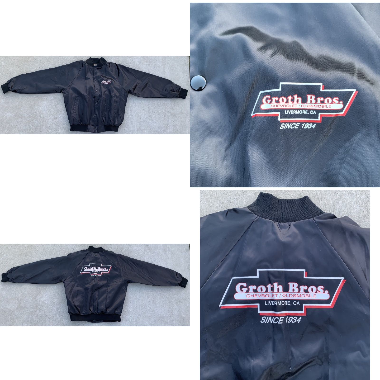 Vintage VINTAGE Nemesis SATIN Bomber Jacket Men's XL Black Cars Transportation Groth Bros Chevrolet Oldsmobile Livermore CA Since 1934 Satin Jacket Size XL Size US XL / EU 56 / 4 - 9 Thumbnail