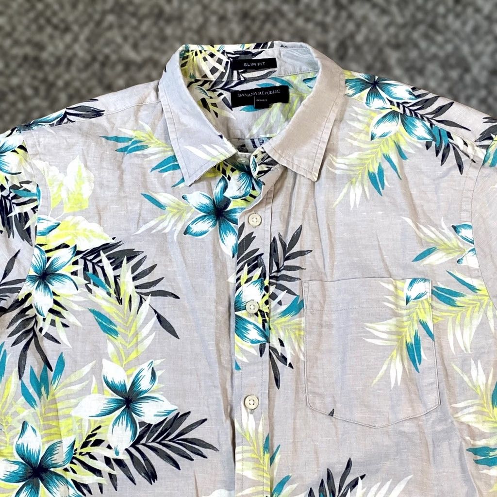 Banana Republic Banana Republic Shirt Men Large Slim Fit Linen Blend Floral Gray Summer Size US L / EU 52-54 / 3 - 1 Thumbnail