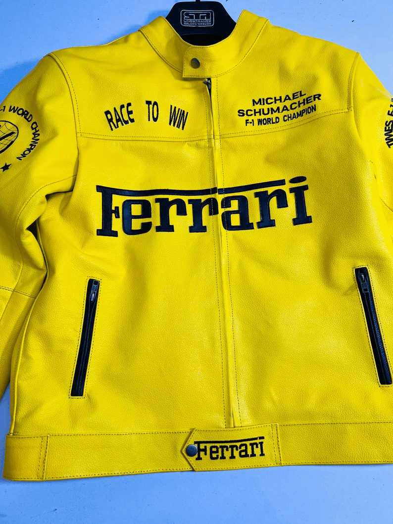 image of Ferrari Leather Jacket Ferrari Racing Jacket Genuine Cowhide in Yellow, Men's (Size Small)