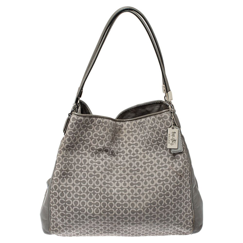 image of Coach Grey Signature Canvas And Leather Edie 31 Shoulder Bag in Black, Women's