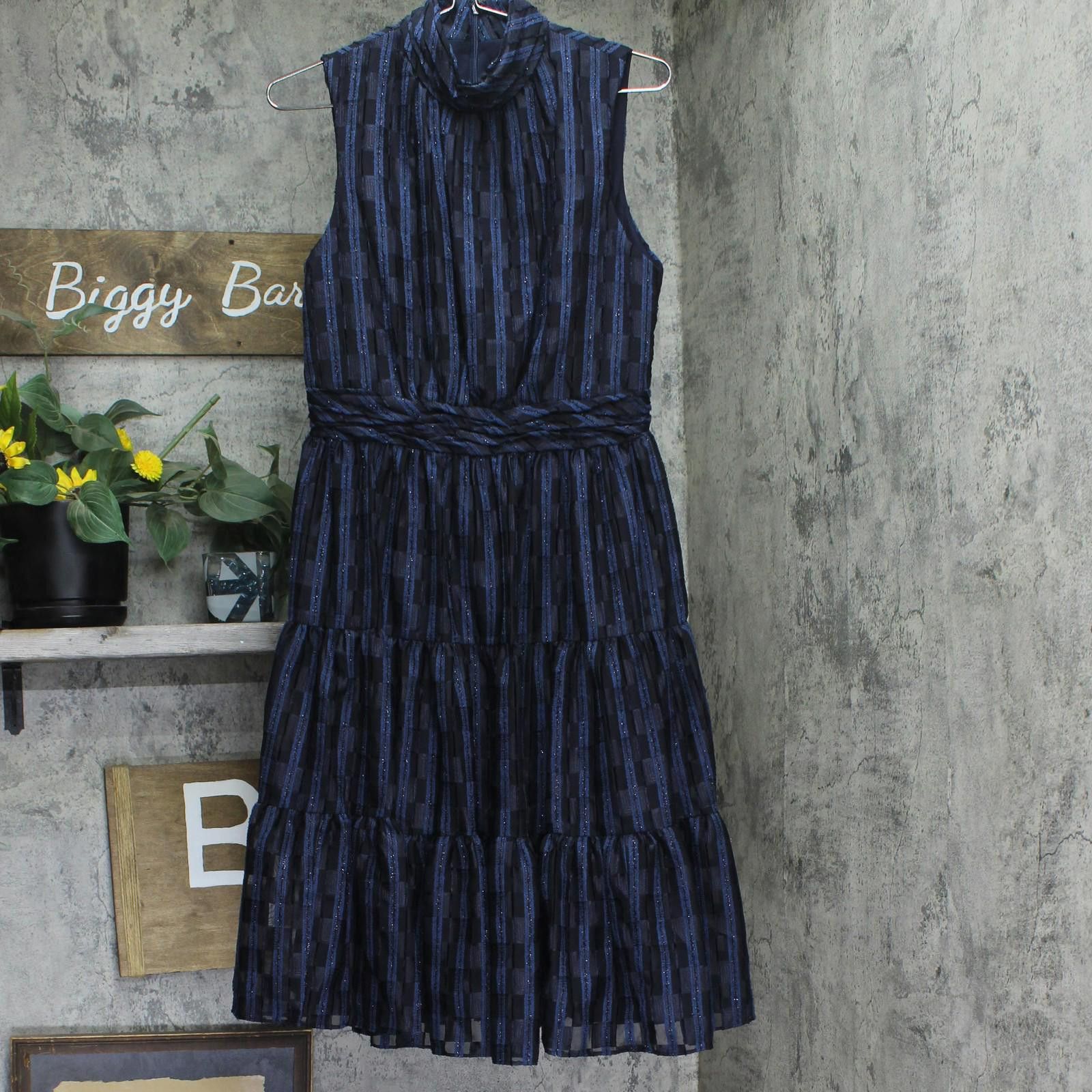 New Calvin Klein Tiered A-line Midi Dress Indigo Blue 8