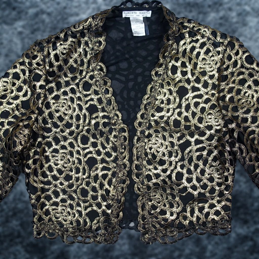 Vintage VINTAGE Alberto Makali Blouse Shirt Cropped Womens Small Gold Applique Geometric Pattern Short Sleeve Lined All Seasons Size S / US 4 / IT 40 - 1 Thumbnail
