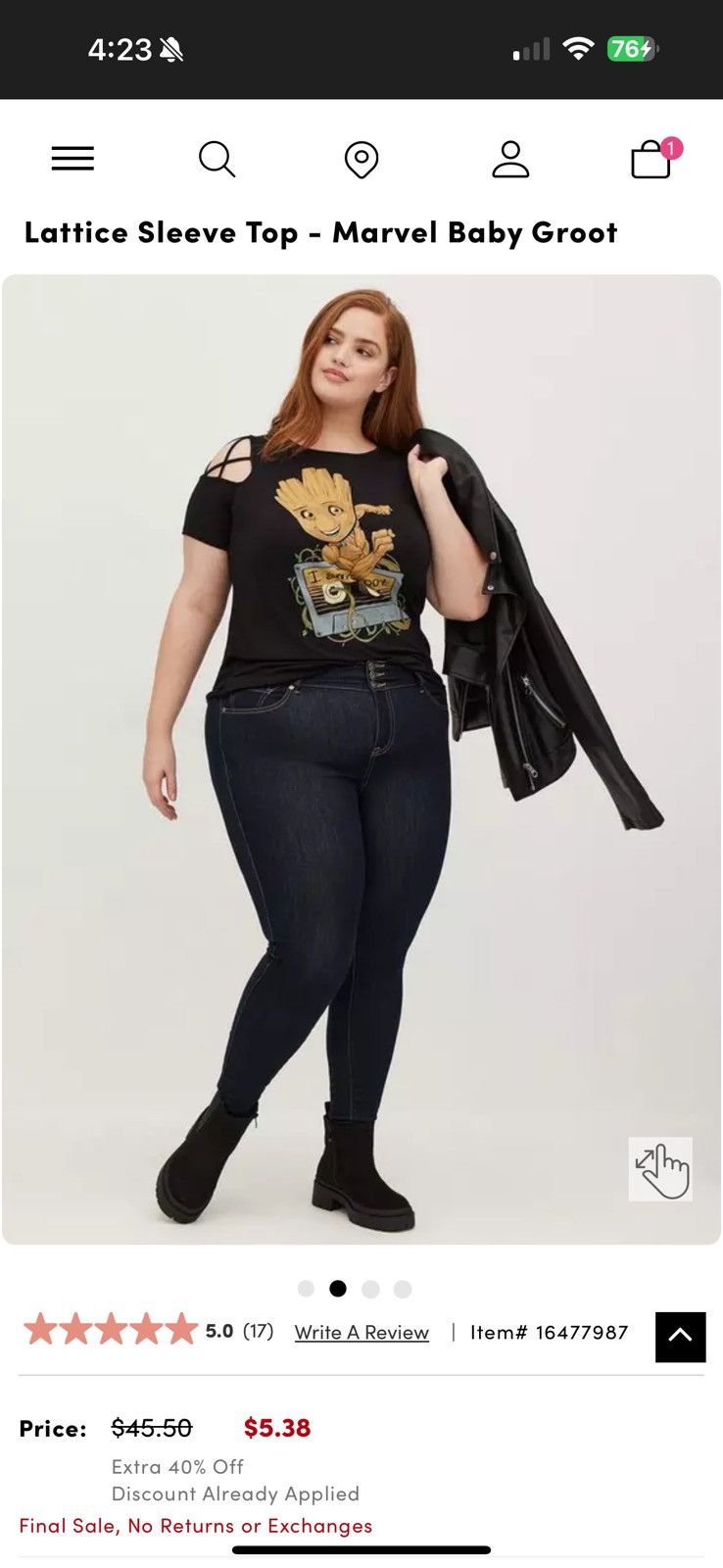 Torrid Torrid Marvel Size 5X Baby Groot Lattice Sleeve Top Size ONE SIZE - 2 Thumbnail