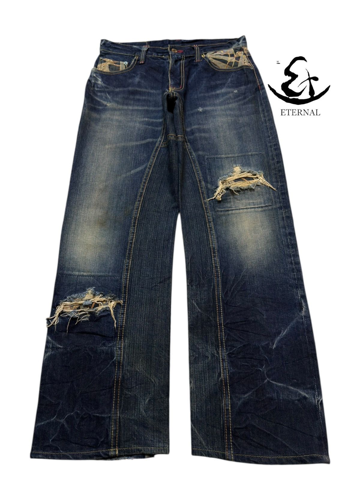 Eternal Vtg 90s Japan Eternal Faded Thunder Wash Distressed Wide Leg Size US 31 - 1 Thumbnail