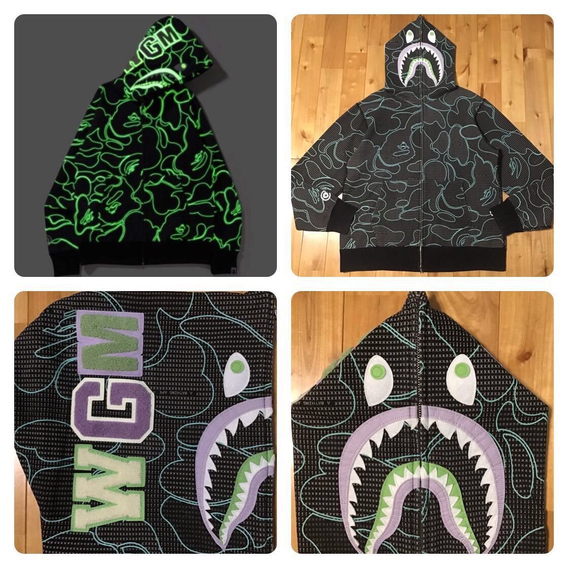 image of Glow In The Dark Bape Text Code Camo Shark Full Zip Hoodie in Black, Men's (Size XL)