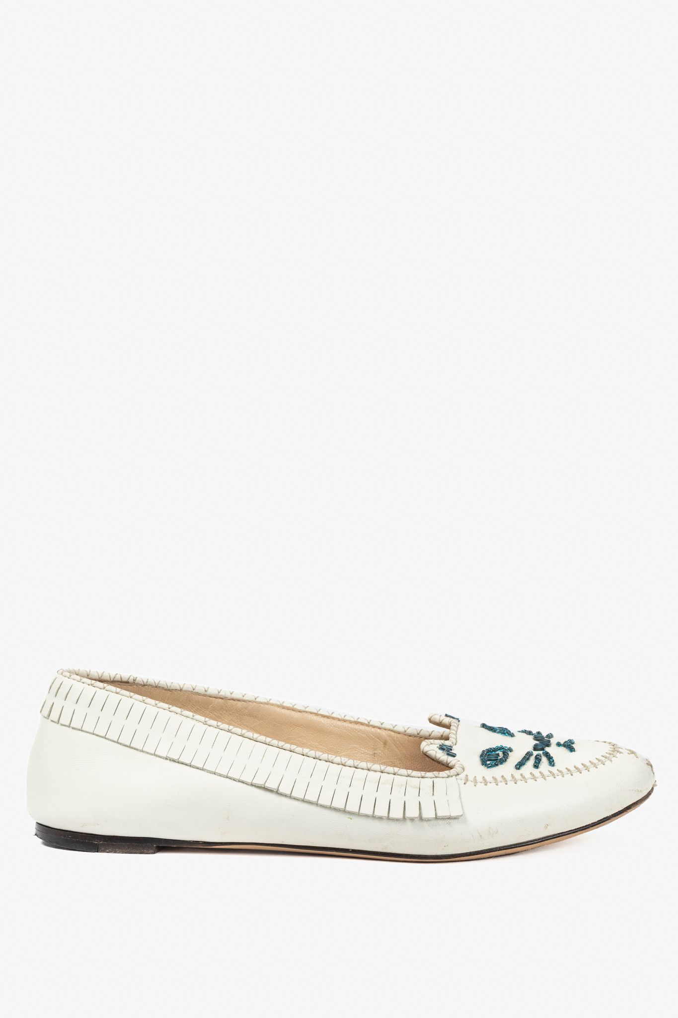 Charlotte Olympia Charlotte Olympia Kitty White Leather Beaded Fringe Flats Size US 7 / IT 37 - 2 Thumbnail
