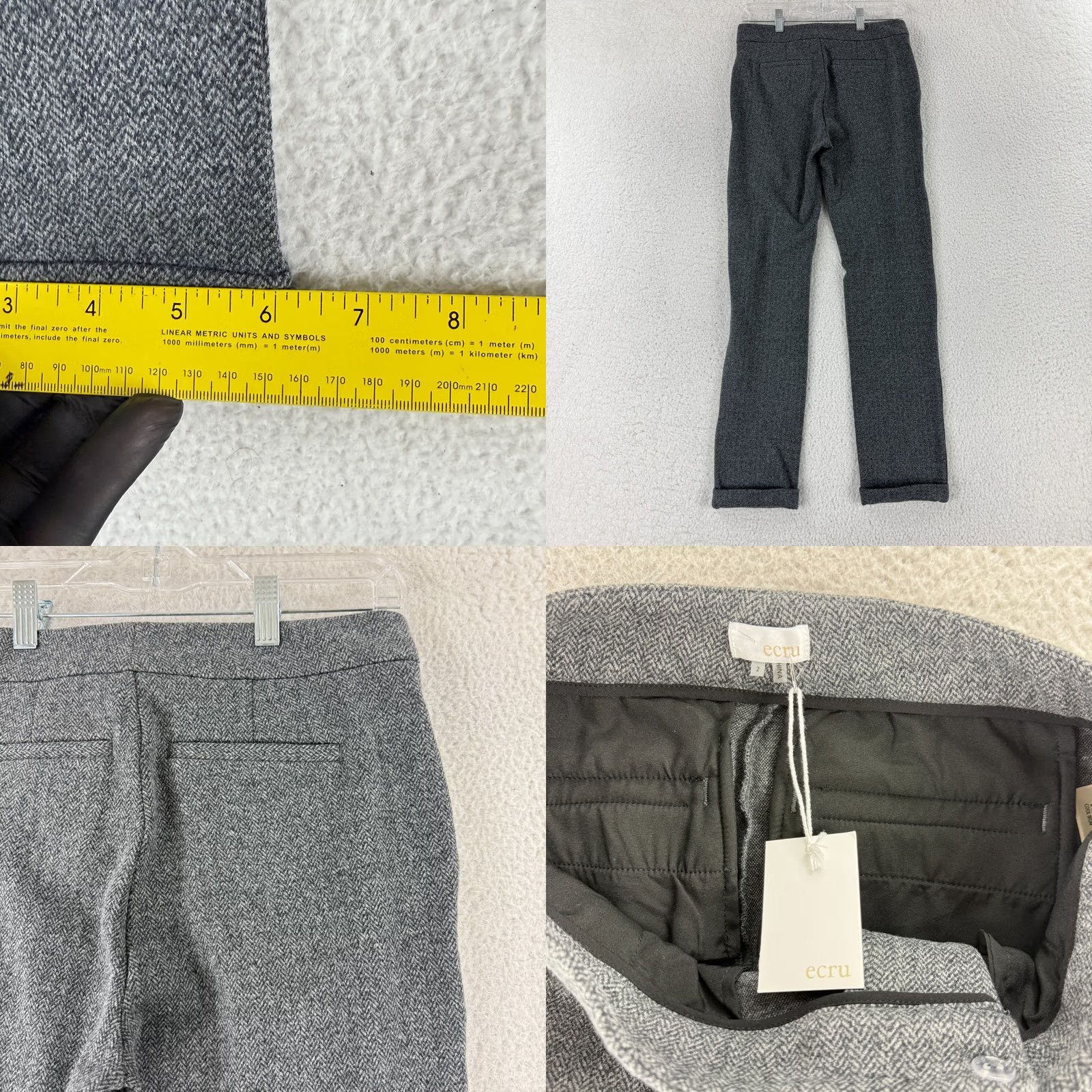 Vintage Ecru Gray Herringbone Dress Pants Womens Size 2 Slim Cuffed Mid-Rise Trousers Pants Front Flat Front Casual Business Workwear Size 26" / US 2 / IT 38 - 9 Thumbnail