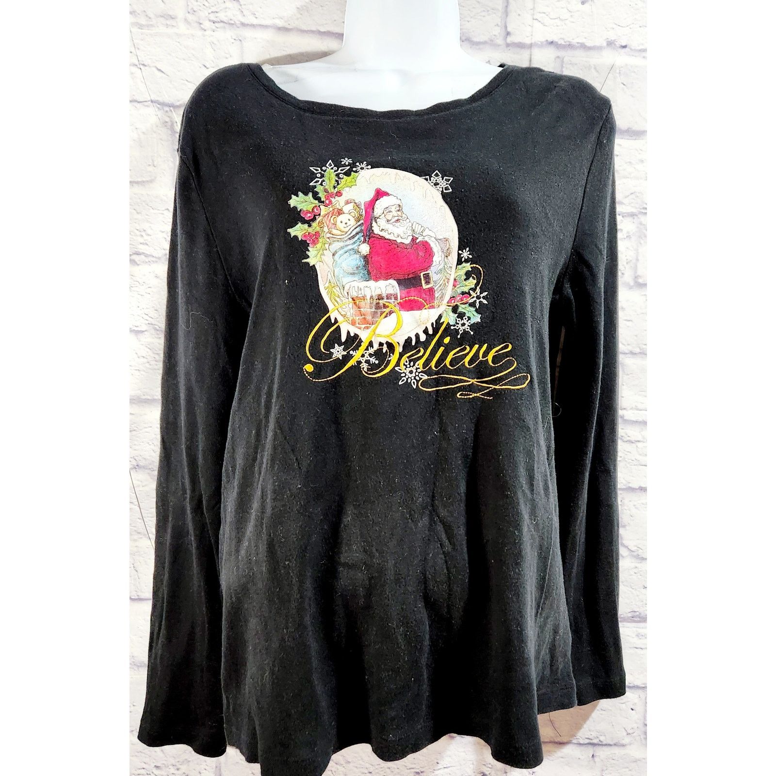 Other Black Red Gold Santa Print Believe Embroidered Top Large Size L / US 10 / IT 46 - 1 Thumbnail