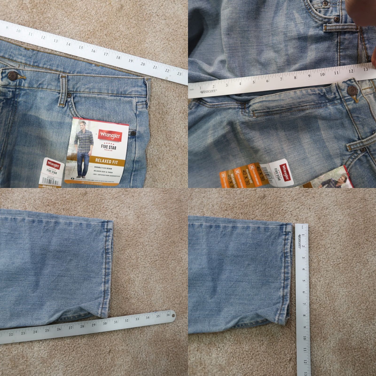 Wrangler Wrangler Jeans Men's 40x30 Blue Denim Relaxed Straight Leg 5-Pocket Logo Button Zip 40 in Inseam Machine Washable Jeans Size US 40 / EU 56 - 8 Thumbnail