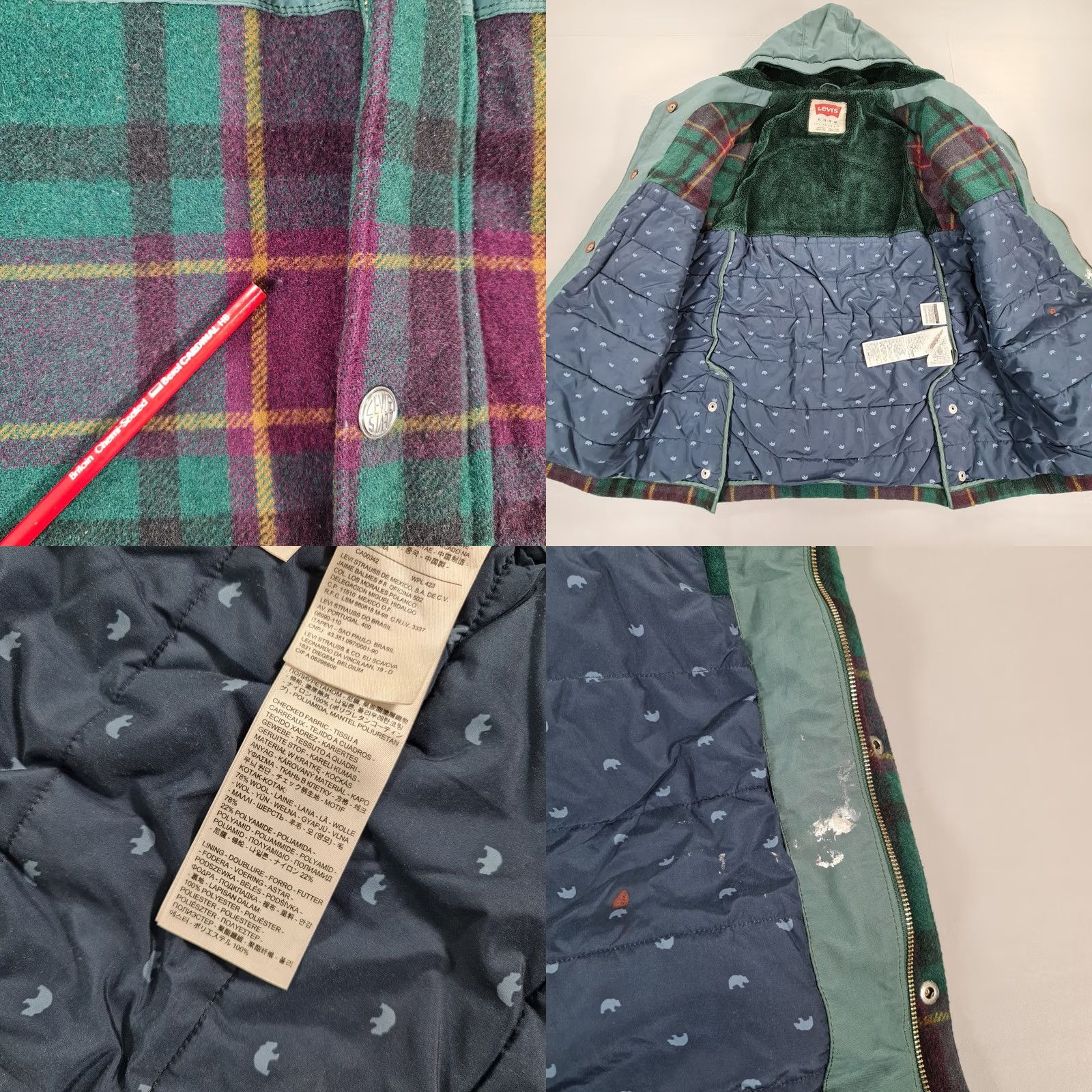 Levi's Levi's Mens Jacket Green XL Hooded Wool Parka Full Zip Plaid Tartan Size US XL / EU 56 / 4 - 8 Thumbnail