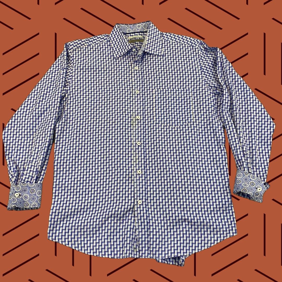 Johnston & Murphy Johnston & Murphy Shirt Mens Large Blue Geometric Button Up Flip Cuff Dress L/S Size 42R - 1 Thumbnail