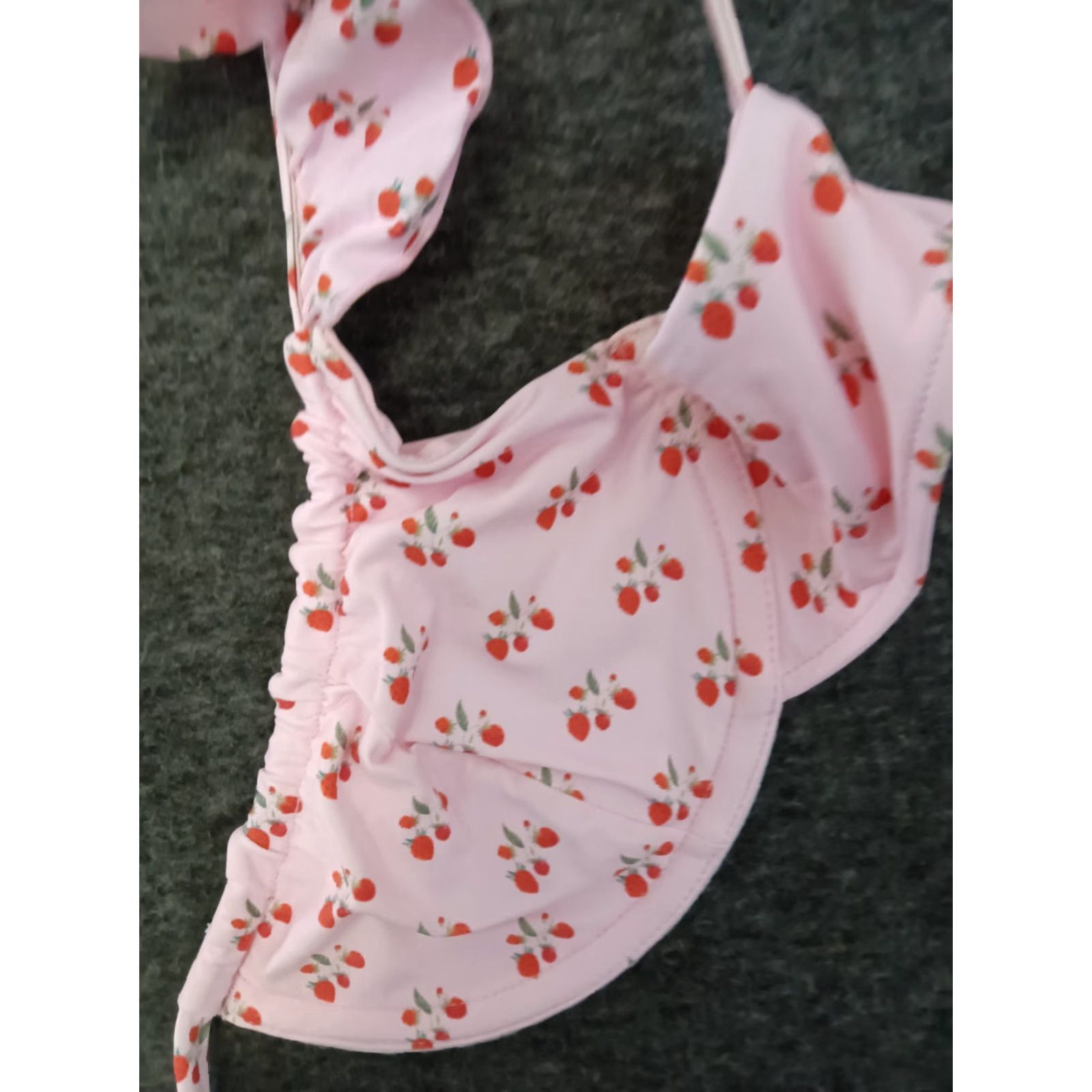 Vintage Frankies Bikinis S Pink Strawberry Underwired Tie Ruffle Straps Bikini Top Swim Top Women Side Logo Floral Pattern Pink Strappy Wide Straps Size S / US 4 / IT 40 - 6 Thumbnail