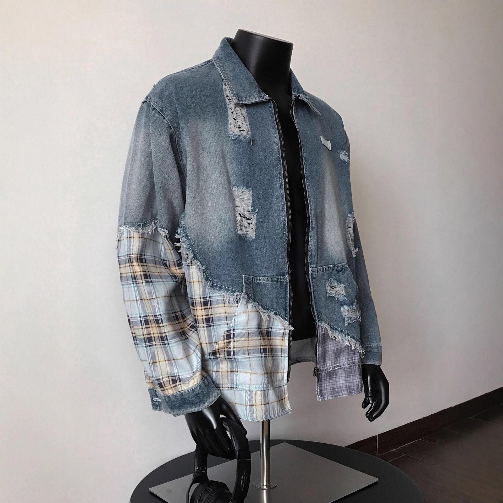 Vintage Blue Distressed Plaid Patchwork Denim Jacket Size US M / EU 48-50 / 2 - 2 Thumbnail