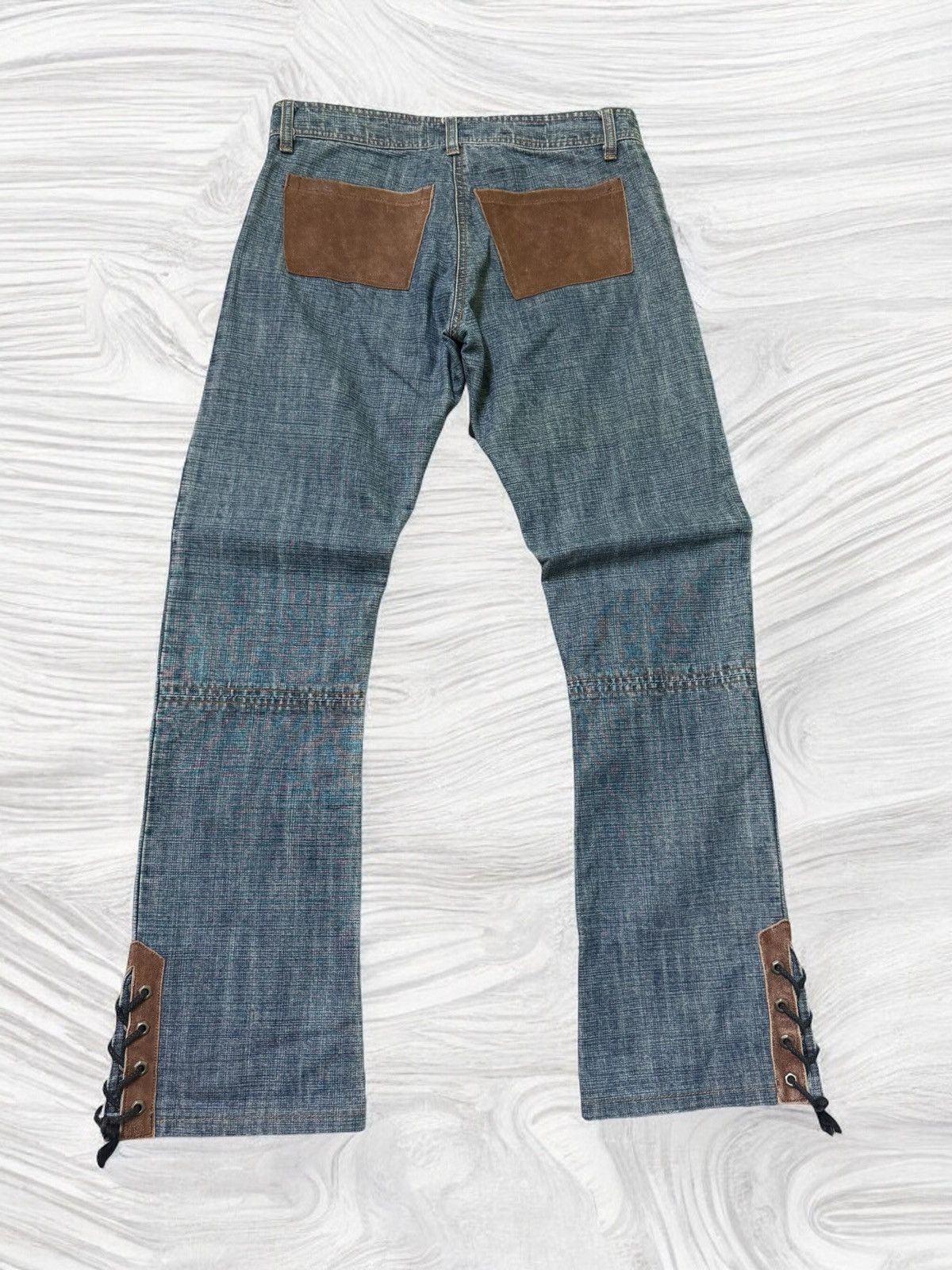 Japanese Brand Flare CHIKAKO ROEN Leather Double Laced Low Rise Denim jeans Size US 29 - 2 Thumbnail