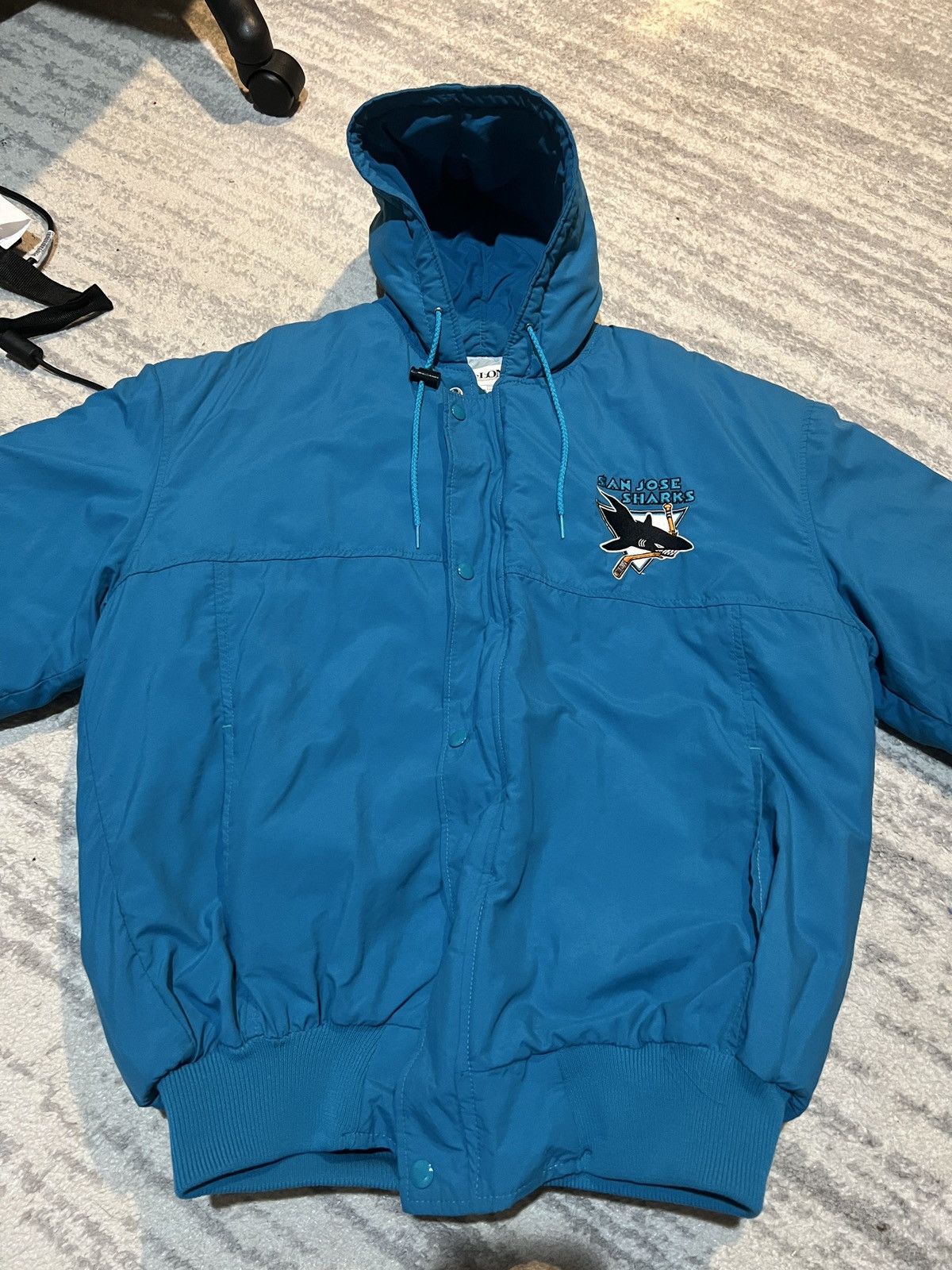 image of Delong x Delong Varsity Jackets Vintage 1980 Varsity San Jose Sharks Winter Jacket in Blue (Size La