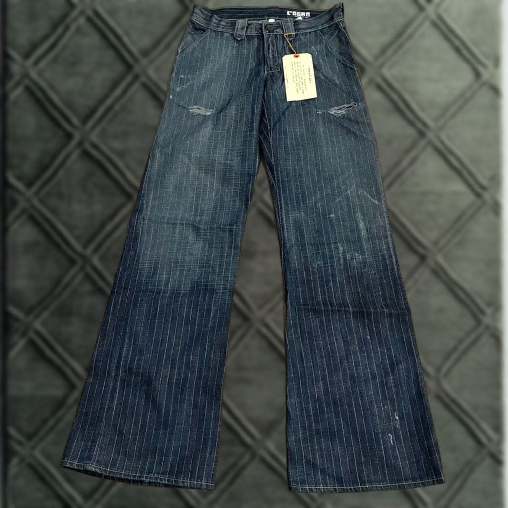 Rogan Y2K Men’s Pinstripe Distressed Bell Bottom Faded Jeans Size 27x33 NWT Regular Inseam 33 in Blue Bell Bottoms Mens Jeans