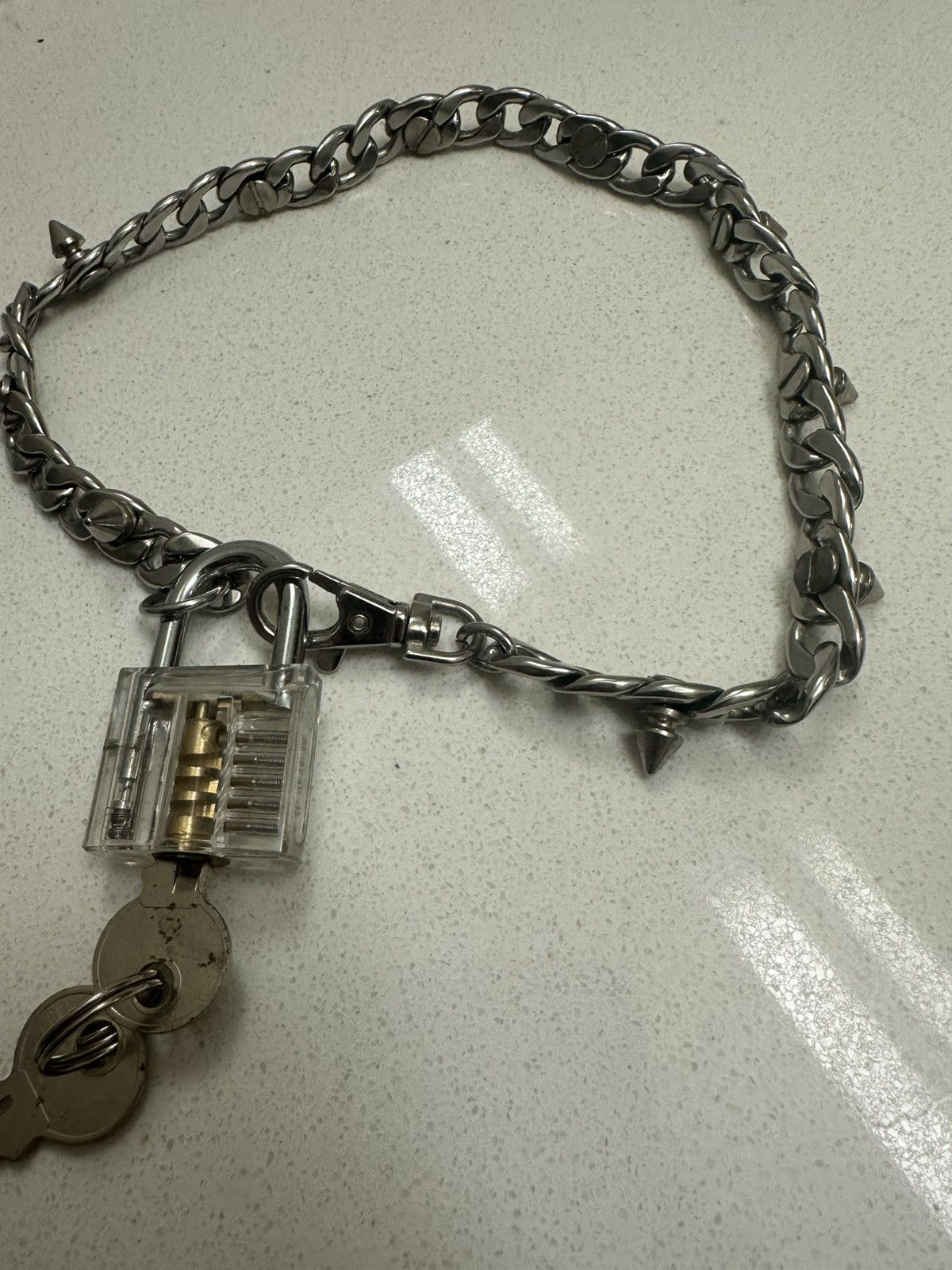 Vintage Silver Stainless Steel Spiked Stud Necklace Choker Lock Key Size ONE SIZE - 2 Thumbnail