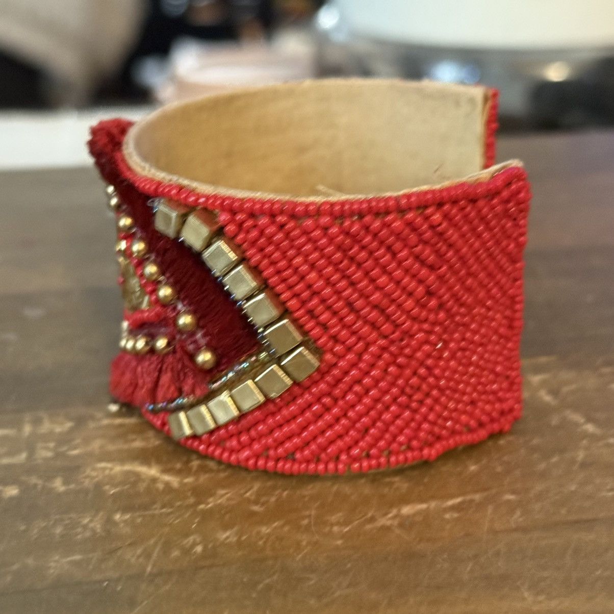 Other Handmade red and gold beaded evil eye wide cuff bracelet Size ONE SIZE - 6 Thumbnail