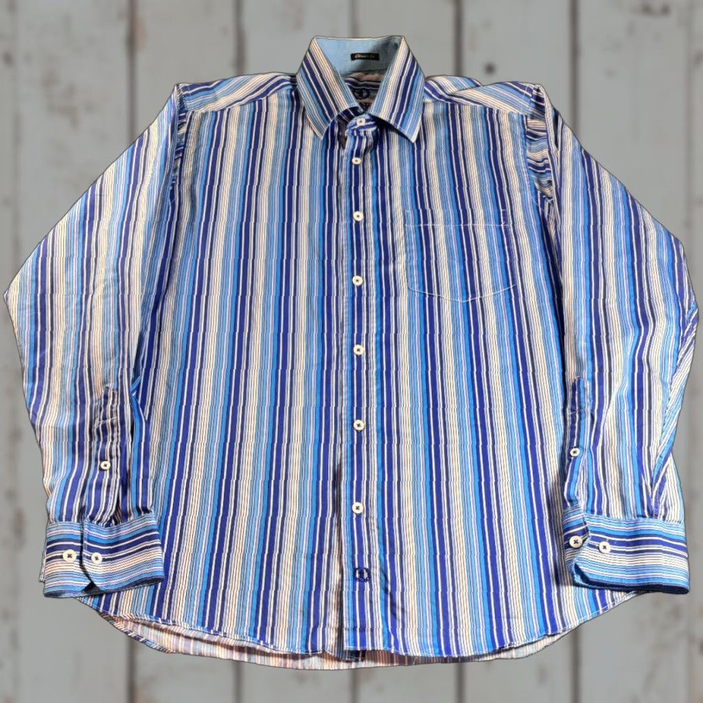 BUGATCHI Bugatchi Uomo Long Sleeve Shirt XL Blue Striped 100% Cotton Dress Shirt Mens Button Down Size US XL / EU 56 / 4 - 1 Thumbnail