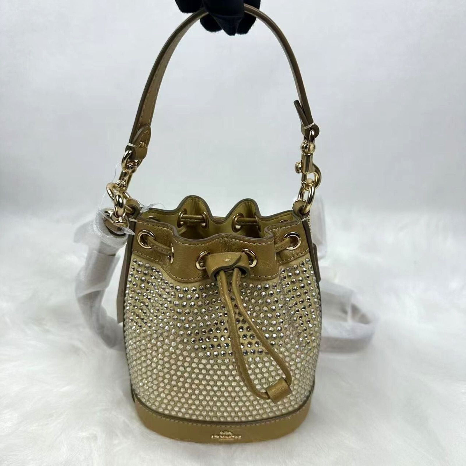 Coach Mini Bucket Bag With Crystal Crossbody In Yellow Gold, Women's