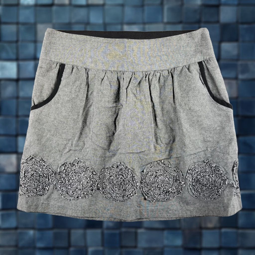 Vintage Stooshy Skirt Women M Gray Floral Embroidered Pockets Casual Boho Short Style Size 32" / US 10 / IT 46 - 1 Thumbnail