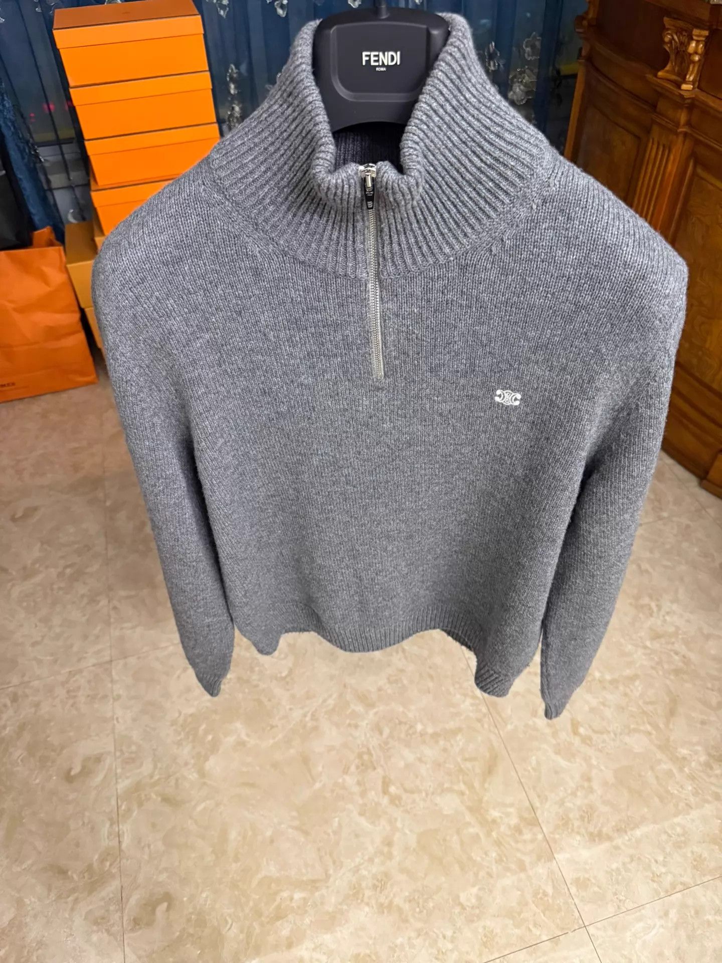 Celine CELINE Wool-Cashmere Stand-Collar Zip-Up Sweater L (New) Size L / US 10 / IT 46 - 1 Thumbnail