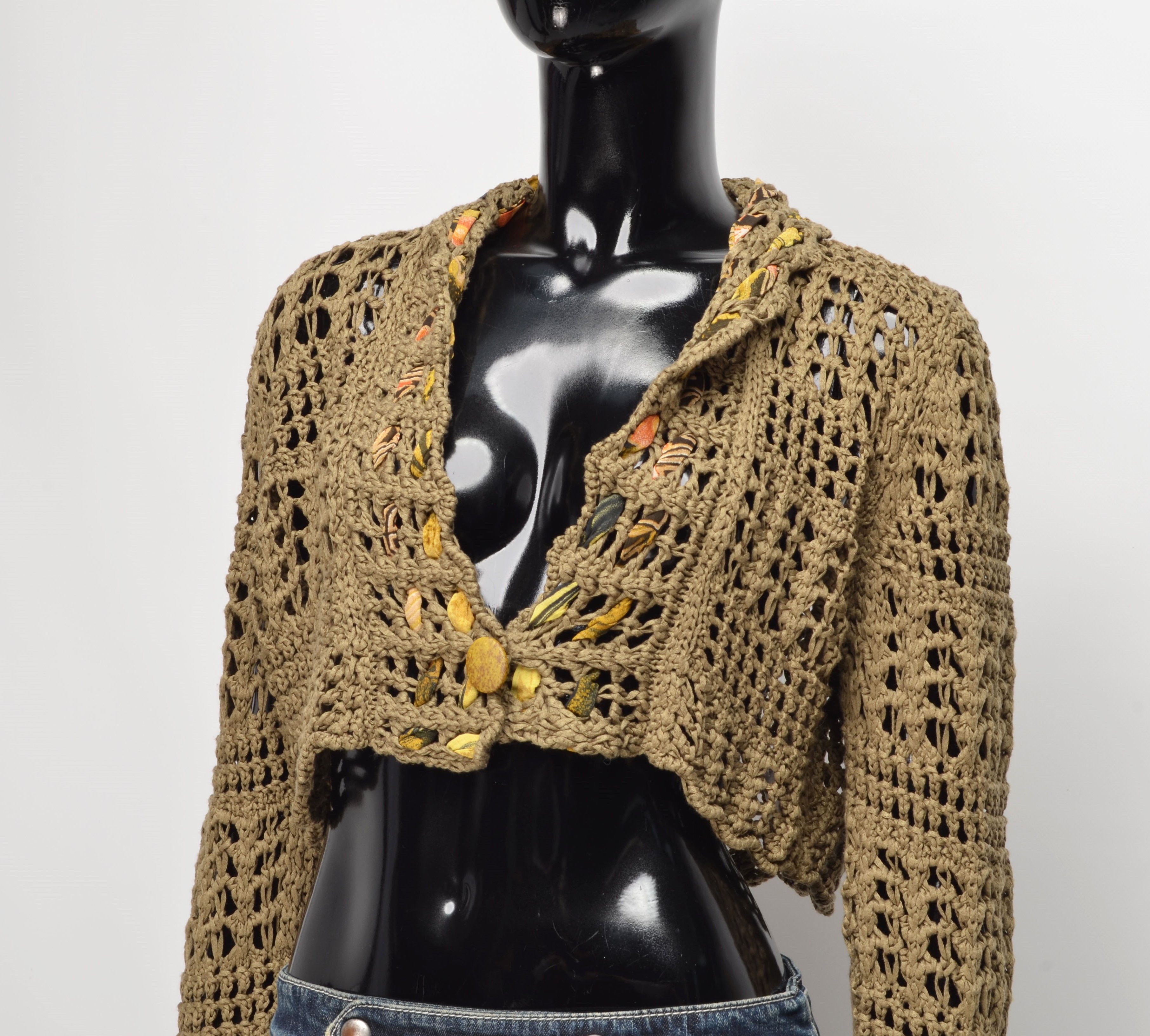 Vintage Vintage Per Una Y2K Crochet Knit Khaki Boho Cropped Cardigan Size M / US 6-8 / IT 42-44 - 3 Thumbnail