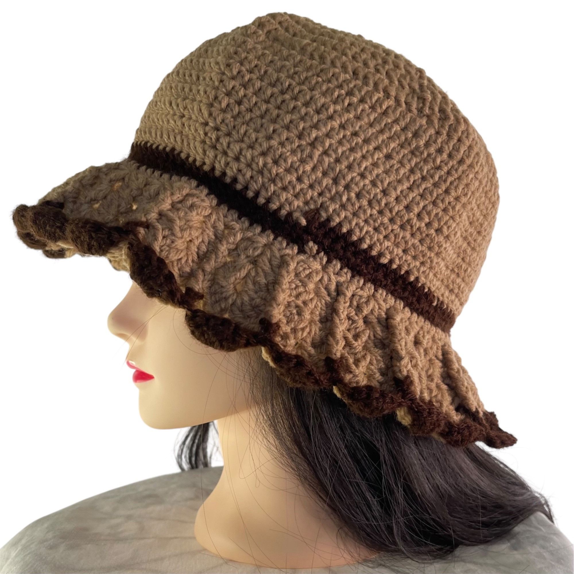 Handmade Crochet Bucket Hat Retro Cloche Style Tan and Brown Handmade Size ONE SIZE - 2 Thumbnail