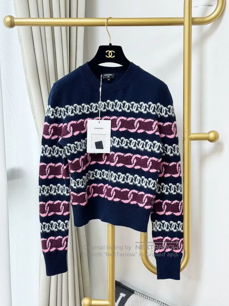 Chanel Chanel 23B dark blue double C striped logo long-sleeved ca Size XXS / US 00 / IT 34 - 1 Thumbnail