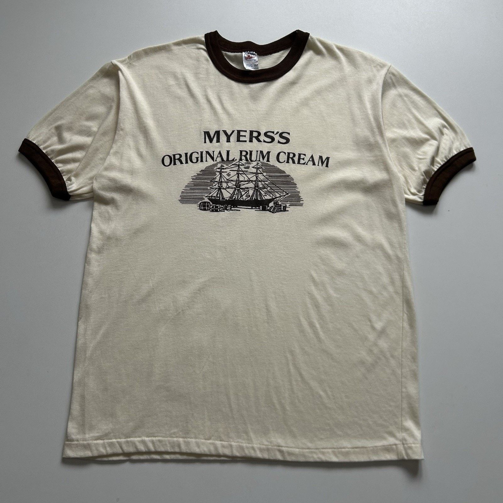 Vintage 80s Myers Rum Cream Shirt Ringer Large Liquor Promo