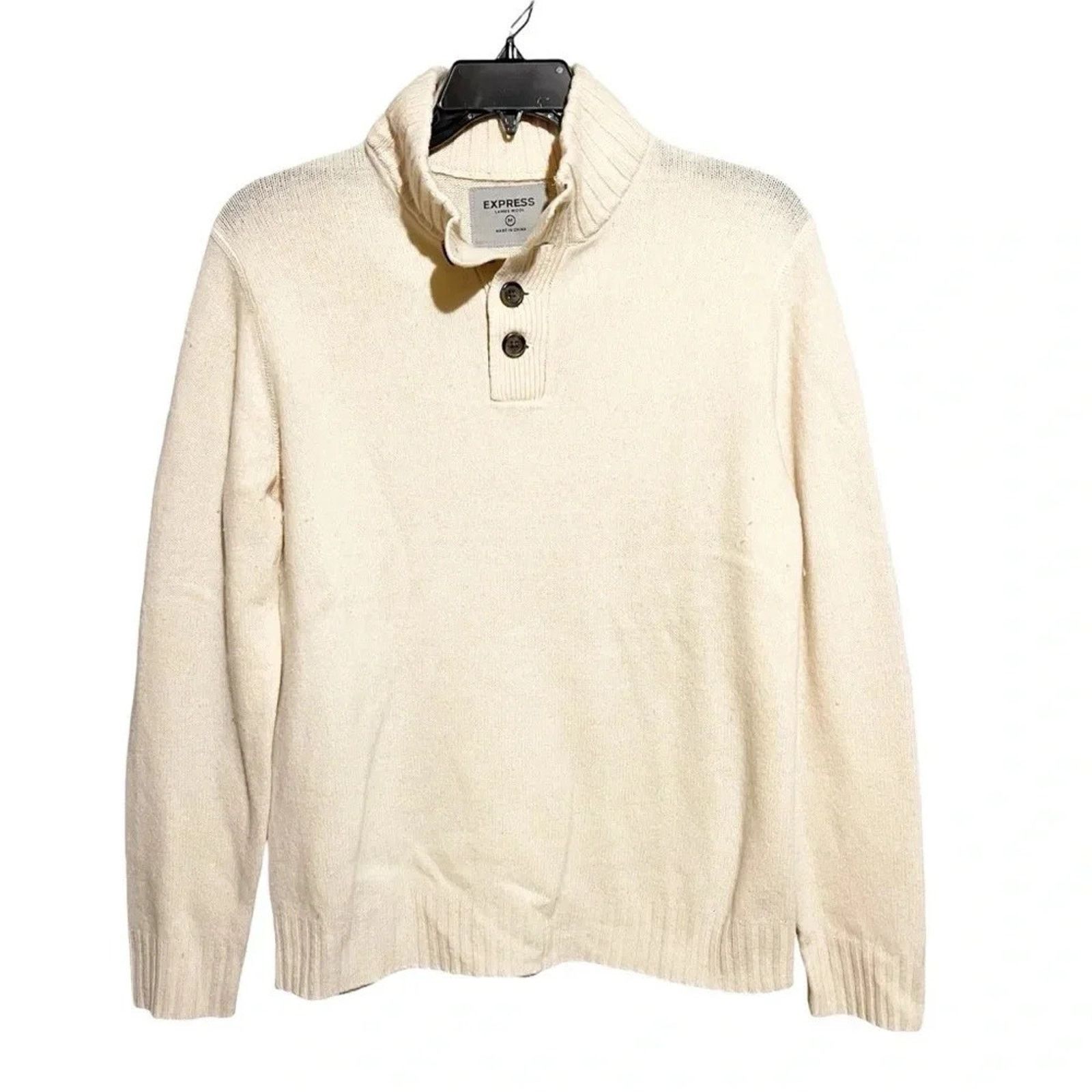 Express Express 100% Lambs Wool Sweater Cream Sz M Henley Mock Neck Size US M / EU 48-50 / 2 - 1 Thumbnail