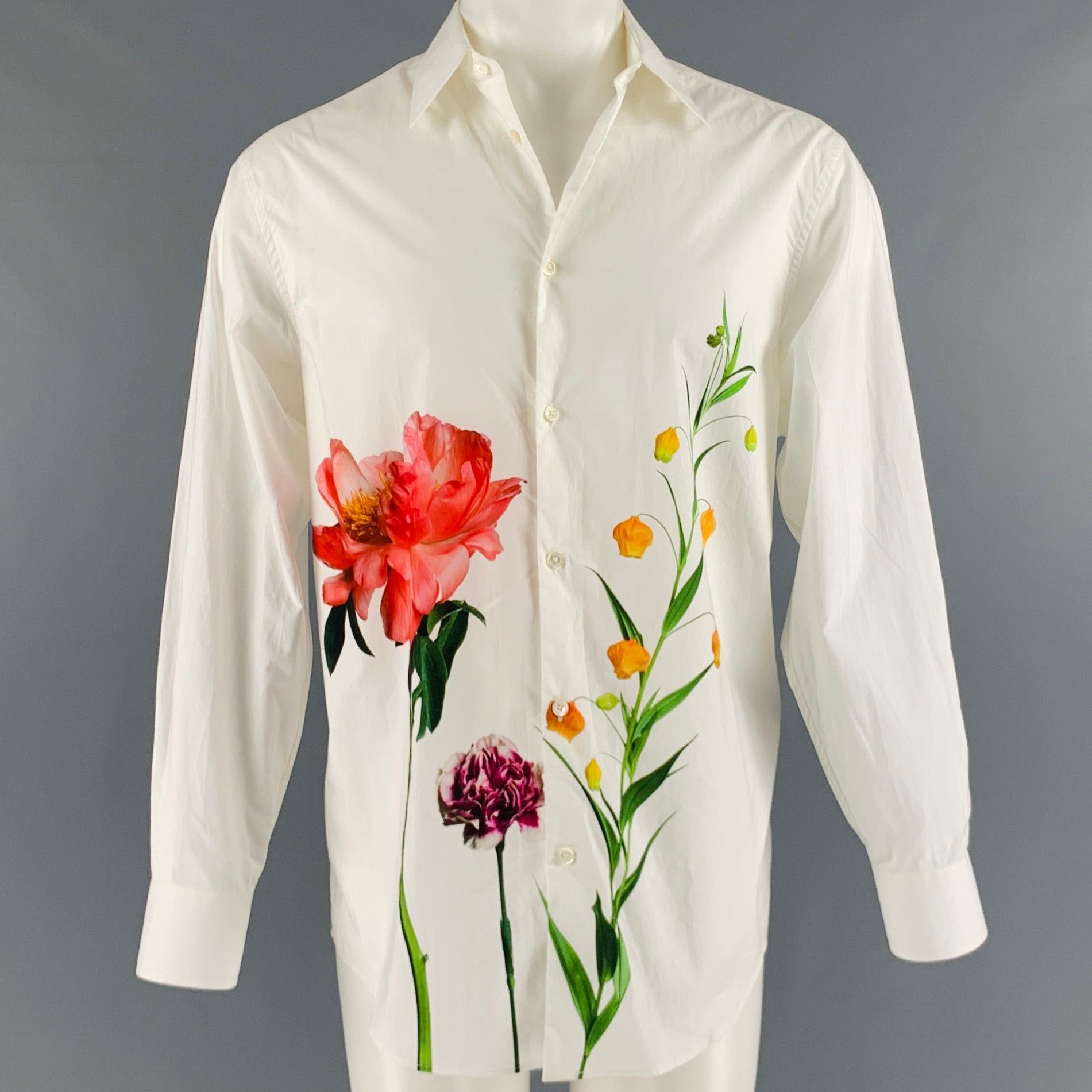 image of Valentino White Floral Cotton Button Up Long Sleeve Shirt, Men's (Size Small)