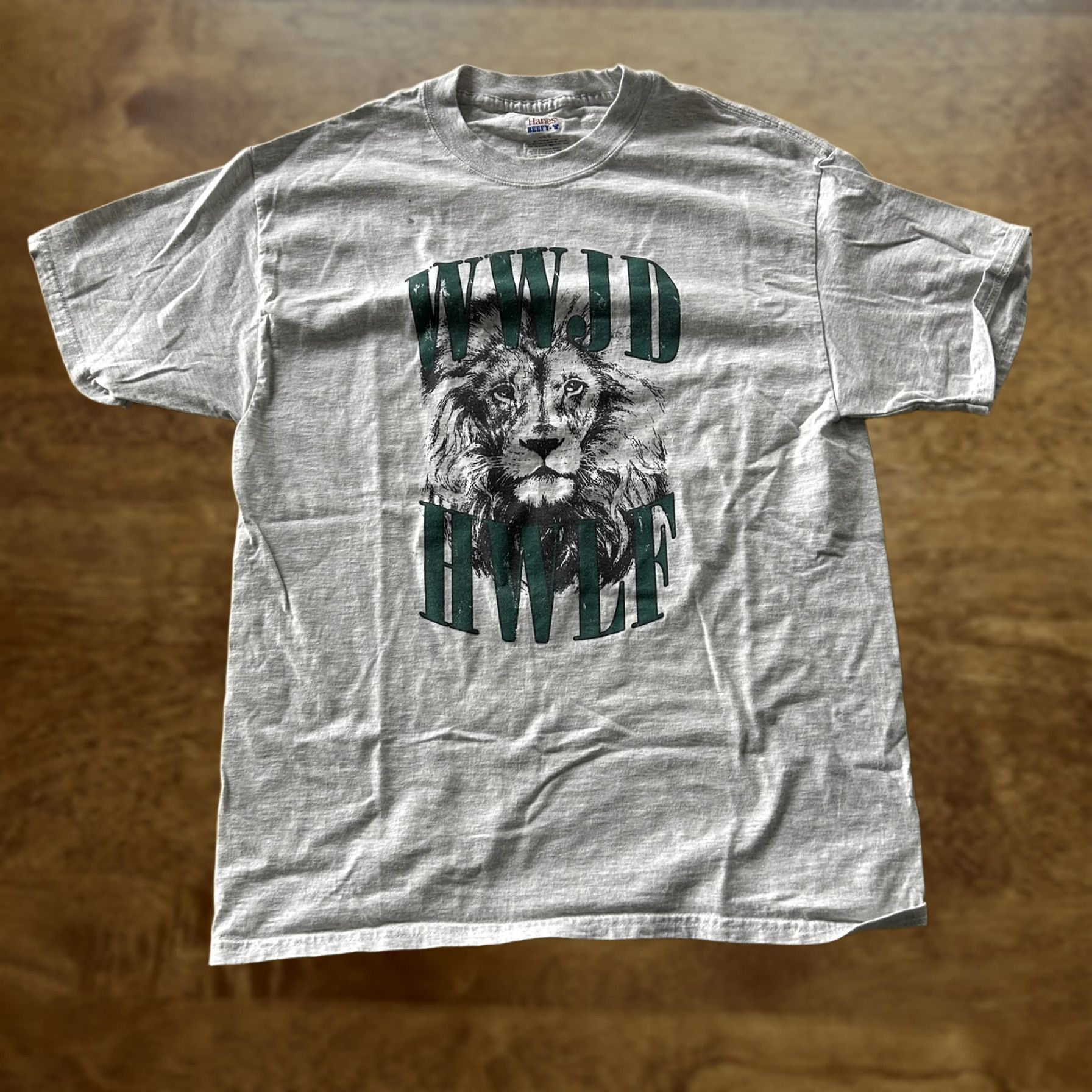 Hanes VINTAGE Hanes Beefy-T Shirt Mens L WWJD HWLF Lion Graphic Tee T-Shirt Grey Crew Neck Short Sleeve Graphic Print Mens Size US L / EU 52-54 / 3 - 1 Thumbnail