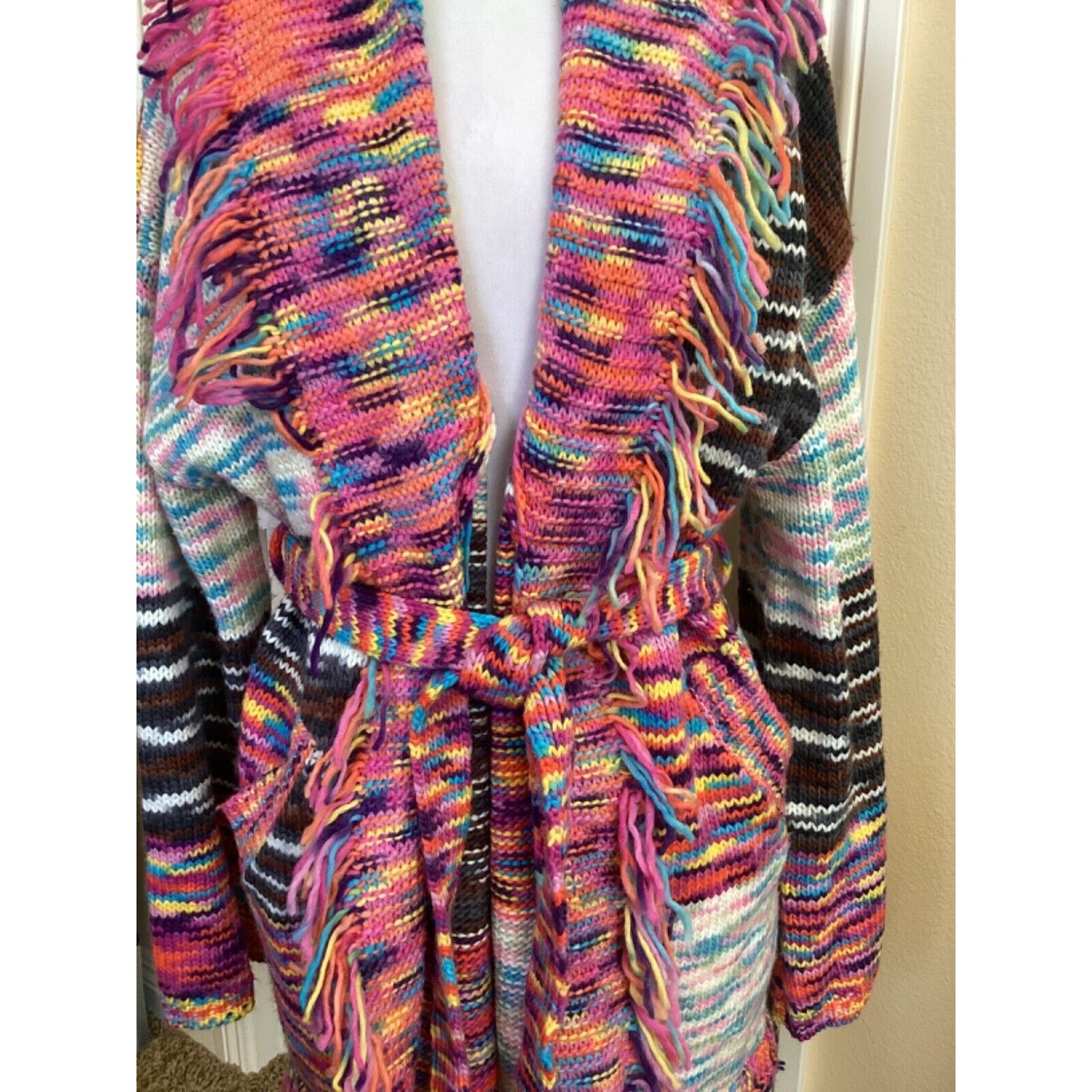 Other POL 80'S PATCHWORK BELTED FRINGE KNIT CARDIGAN SWEATER SZ M Size M / US 6-8 / IT 42-44 - 2 Thumbnail