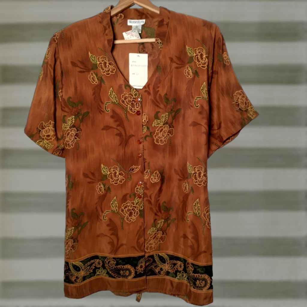 Vintage VINTAGE Momentum Blouse Plus Size 2X Brown Floral Button Tie Back Short Sleeve V Neck 90s Womens Size XXL / US 16-18 / IT 52-54 - 1 Thumbnail
