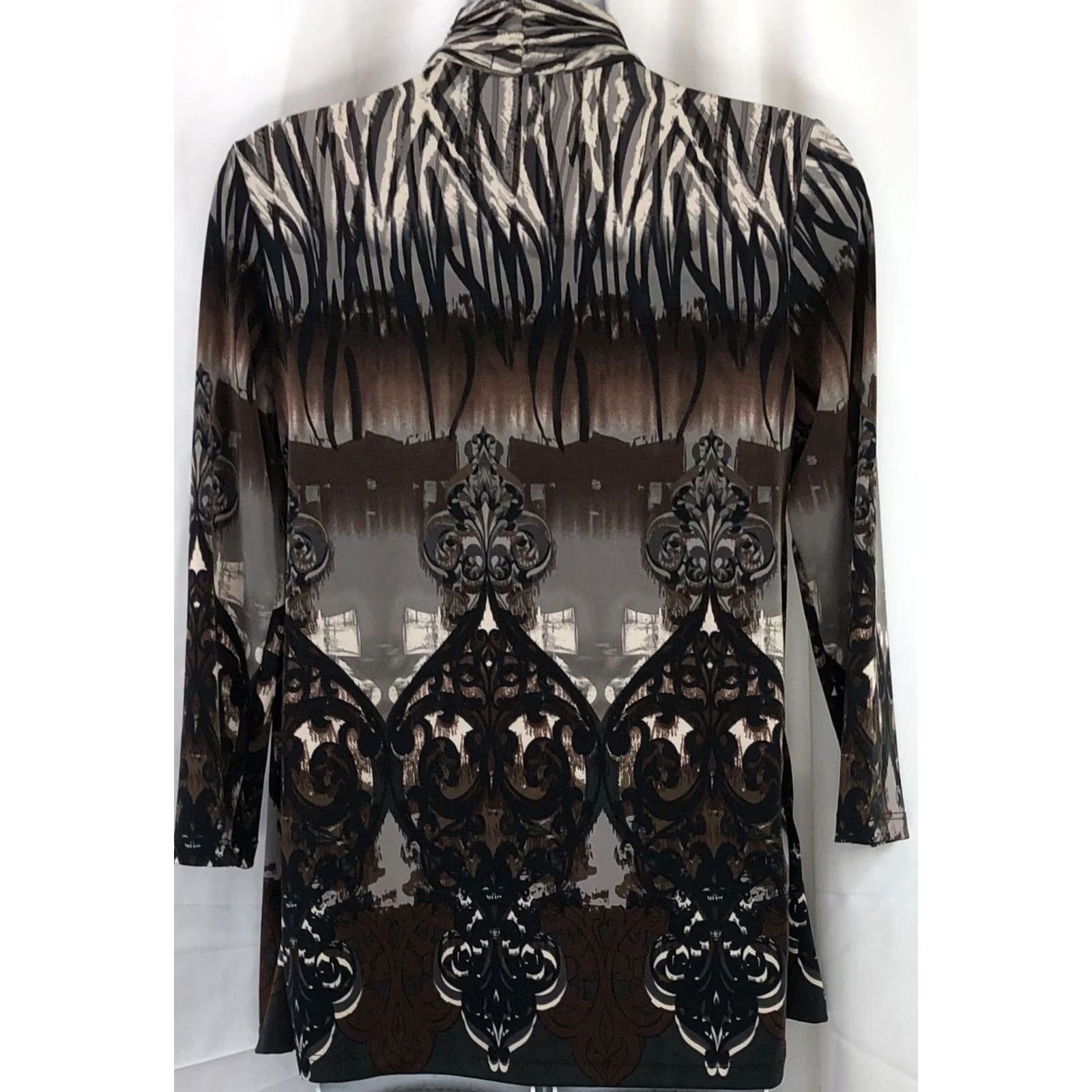 Vintage Notations Combo Cardigan Knit Top S Brown Gray Geo Open empire 3/4 Sleeve office Shirt Women Adult XS-? Size S / US 4 / IT 40 - 3 Thumbnail